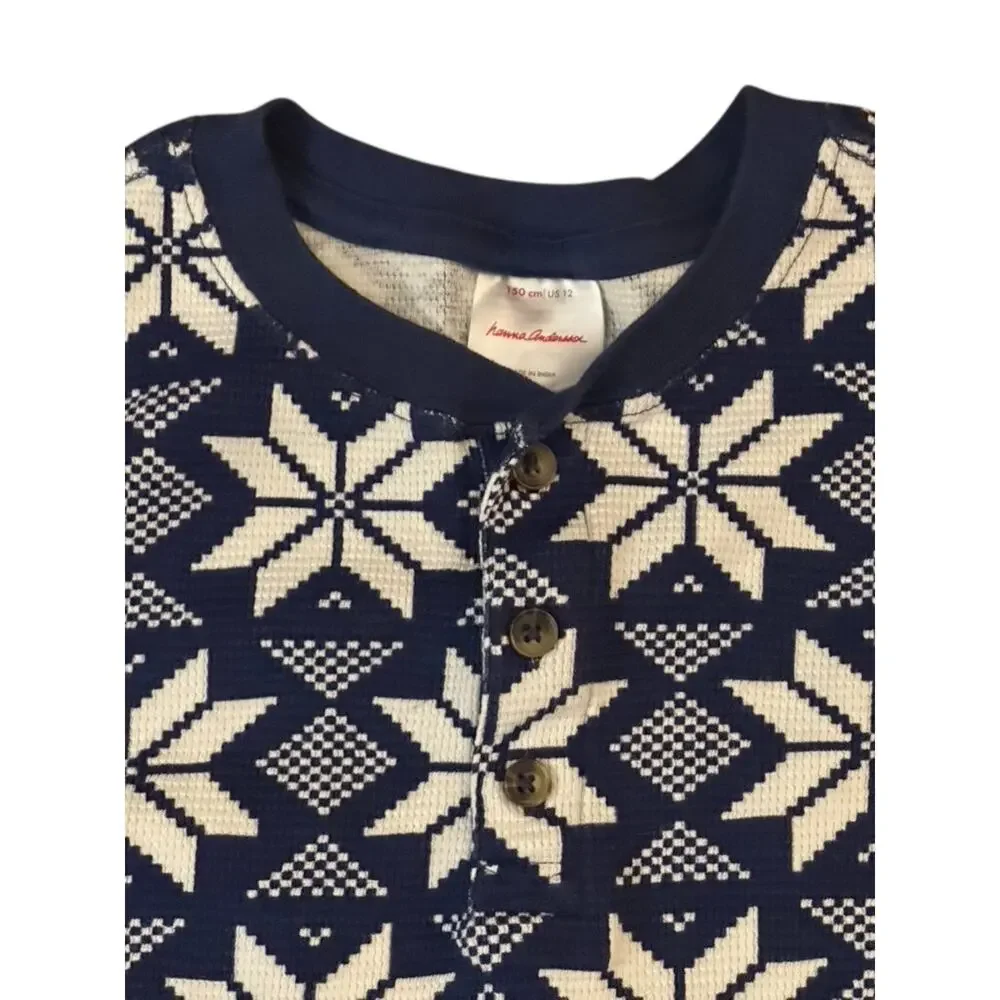 Hanna Andersson Navy Blue & White Snowflake Print Thermal Henley Shirt Sz 12
